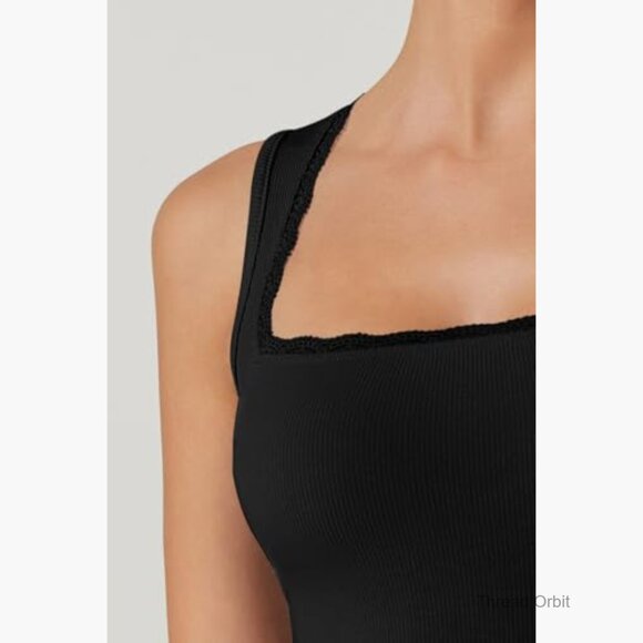 Sleeveless Maxi Dress Square Neck Lace Detail Ribbed Lounge Formal Slim Fit - Picture 5 of 7